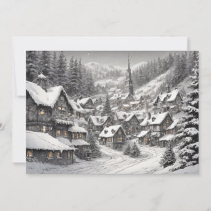 Weihnachtsdorf im Schnee bei Nacht Feiertagskarte
