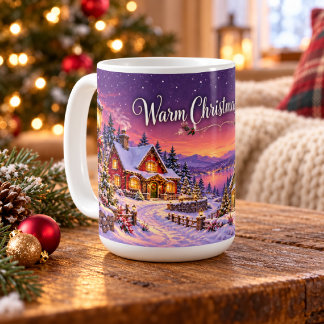 Weihnachtsdorf im Schnee bei Sonnenuntergang Kaffeetasse