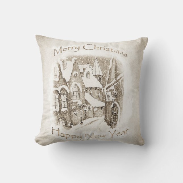 Weihnachtsdorf im Schnee im Vintage-Stil Kissen (Vorderseite)