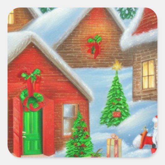 Weihnachtsdorf im Schnee Spaß Santa Besuche Quadratischer Aufkleber (Vorderseite)