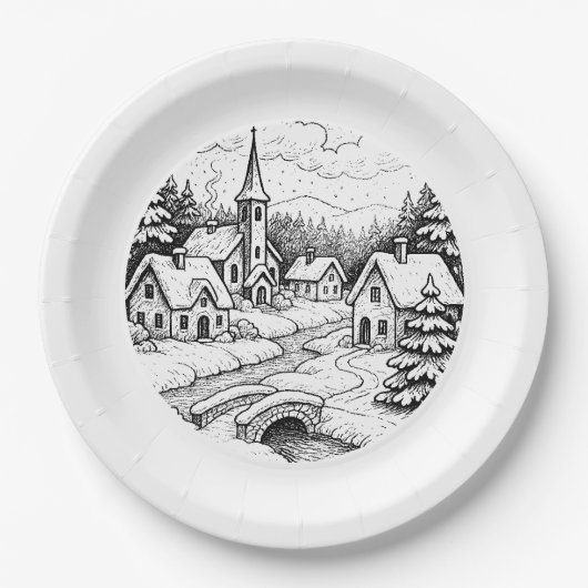 Weihnachtsdorf im Winter Pappteller (Vorderseite)