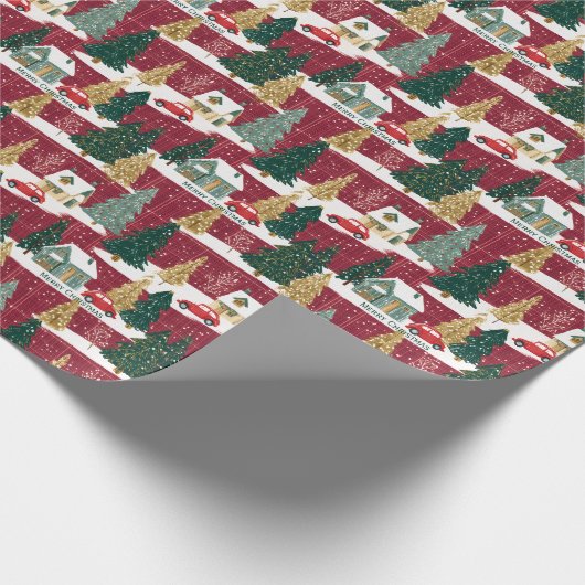 Weihnachtsdorf in Rot und Grün Geschenkpapier (Ecke)