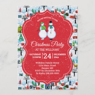 Weihnachtsdorf Party Snowmen Paare Skate Rot Einladung