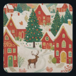 Weihnachtsdorf Quadratischer Aufkleber<br><div class="desc">Dieses festliche Dorf liegt inmitten schneebedeckter Evergreens und strahlt mit Urlaubsjubeln aus. Wussten Sie, dass die Tradition der Dekoration von Weihnachtsbäumen auf das Deutschland des 16. Jahrhunderts zurückgeht? Die zauberhaften, roten Häuser mit schneebedeckten Dächern sind ein flüchtige Blick aus der winterlichen Landschaft, während ein sanftes Reh eine Touch von Waldzauber...</div>
