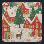 Weihnachtsdorf Quadratischer Aufkleber<br><div class="desc">Dieses festliche Dorf liegt inmitten schneebedeckter Evergreens und strahlt mit Urlaubsjubeln aus. Wussten Sie, dass die Tradition der Dekoration von Weihnachtsbäumen auf das Deutschland des 16. Jahrhunderts zurückgeht? Die zauberhaften, roten Häuser mit schneebedeckten Dächern sind ein flüchtige Blick aus der winterlichen Landschaft, während ein sanftes Reh eine Touch von Waldzauber...</div>