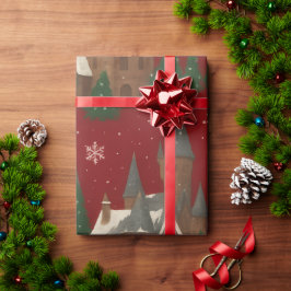 Weihnachtsdorf | Rot mit schneebedeckten Häusern u Geschenkpapier