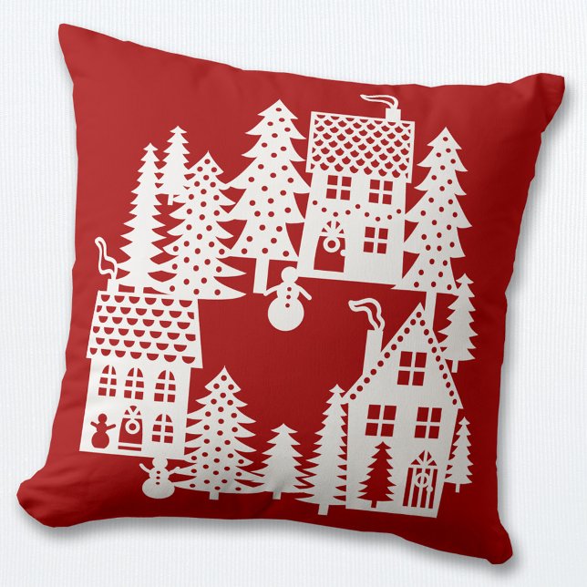 Weihnachtsdorf rot und weiß kissen (Christmas snowy village scene red and white pillow)