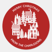 Weihnachtsdorf rot und weiß runder aufkleber (Vorderseite)