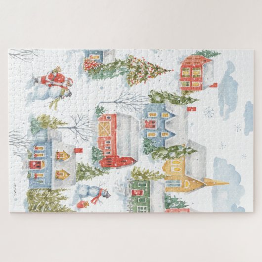 Weihnachtsdorf Santa Snowmen Wasserfarbe Puzzle (Horizontal)