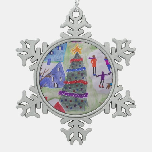 Weihnachtsdorf Schneeflocken Zinn-Ornament (Vorderseite)