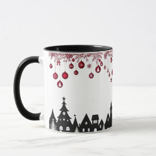 Weihnachtsdorf-Silhouette – Rote Ornamente Tasse