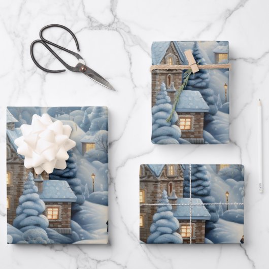 Weihnachtsdorf-Szene Geschenkpapier Set (Vorderseite)