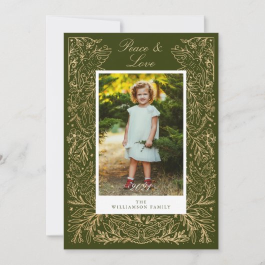 Weihnachtsdünen Frieden & Liebe Blumenrahmen Foto Feiertagskarte (Vorderseite)
