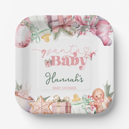 Weihnachtsdusche Pink Santa Baby Pappteller (Vorderseite)