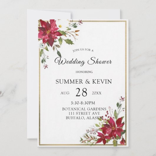Weihnachtsdusche Poinsettia Gold FrameWedding Einladung (Vorderseite)