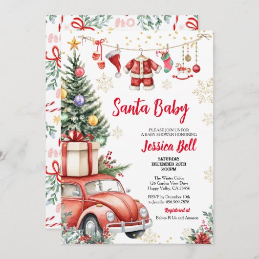 Weihnachtsdusche Vintag Retro Auto Einladung (Vorne/Hinten)