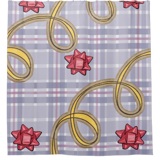Weihnachtsduschvorhang, Blauer Karierter Roter Bow Duschvorhang (Vorderseite)