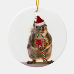 Weihnachtseichhörnchen mit Zuckerstange Keramik Ornament