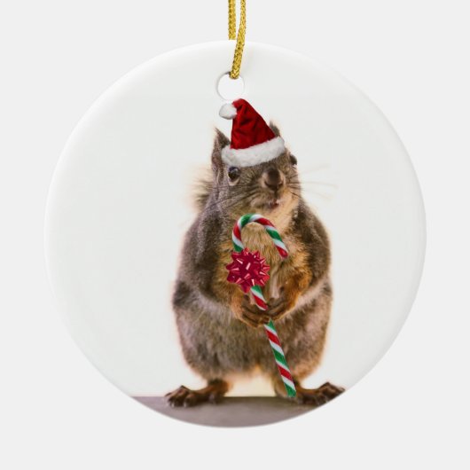 Weihnachtseichhörnchen mit Zuckerstange Keramik Ornament (Vorne)