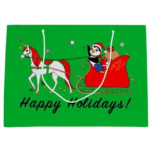 WeihnachtsEinhorn mit Pinguin und Pferdeschlitten Große Geschenktüte (Vorderseite)