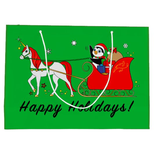 WeihnachtsEinhorn mit Pinguin und Pferdeschlitten Große Geschenktüte (Rückseite)