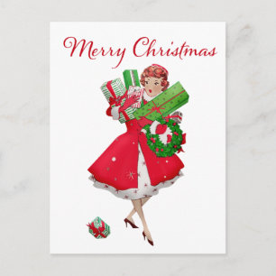 Weihnachtseinkäufe einer Dame im Jahr 1950 Postkarte