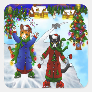 Weihnachtseis-Skaten Cats V2 Quadratischer Aufkleber