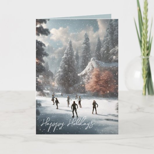 Weihnachtseis-Skater auf einem Teich Feiertagskarte (Vorderseite)