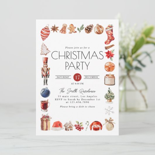 Weihnachtselemente-Abendessen im Wasser Party Einladung (Stehend Vorderseite)