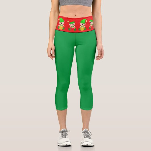 Weihnachtself auf grün und rot capri leggings (Vorderseite)