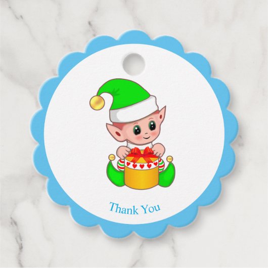 Weihnachtself auf hellblau und weiß Danke Geschenkanhänger (Vorderseite)