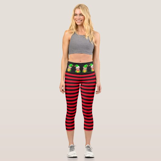 Weihnachtself auf rot-schwarz gestreift capri leggings (Vorderseite)