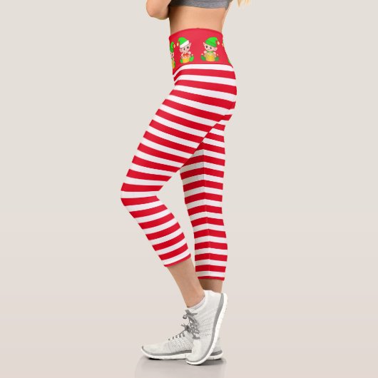 Weihnachtself auf rot-weiß gestreift capri leggings (Links)