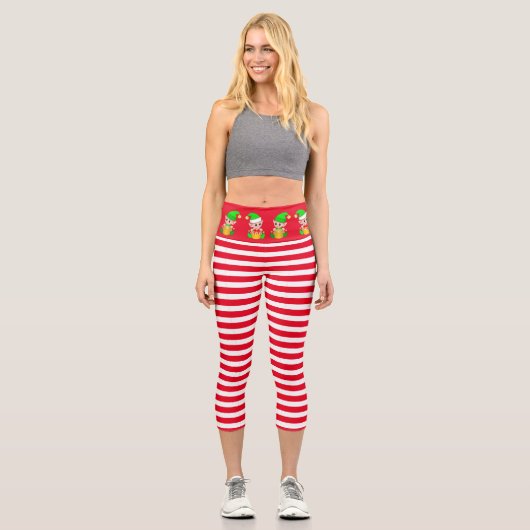 Weihnachtself auf rot-weiß gestreift capri leggings (Vorderseite)