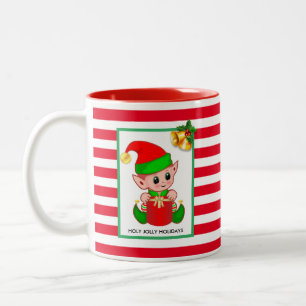 Weihnachtself auf Rot-Weiß-Gestreift Zweifarbige Tasse