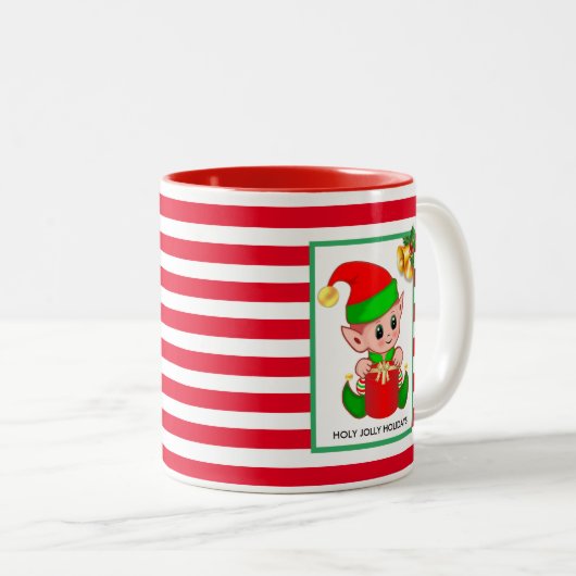 Weihnachtself auf Rot Weiß Streifen Zweifarbige Tasse (VorderseiteRechts)