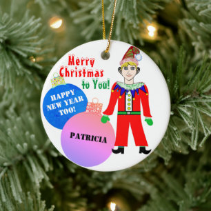 Weihnachtself Blau Rosa Verzierung Kugeln Name Keramik Ornament