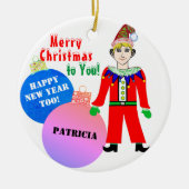 Weihnachtself Blauer Rosa Zierballen Name Keramik Ornament (Vorne)