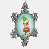 Weihnachtself, Candy Cane & Confetti auf Aquamarin Schneeflocken Zinn-Ornament (Links)