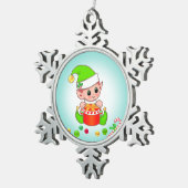 Weihnachtself, Candy Cane & Confetti auf Aquamarin Schneeflocken Zinn-Ornament (Rechts)