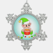 Weihnachtself, Candy Cane & Confetti auf Aquamarin Schneeflocken Zinn-Ornament (Vorderseite)