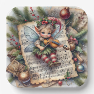 Weihnachtself, der eine Violine spielt Pappteller