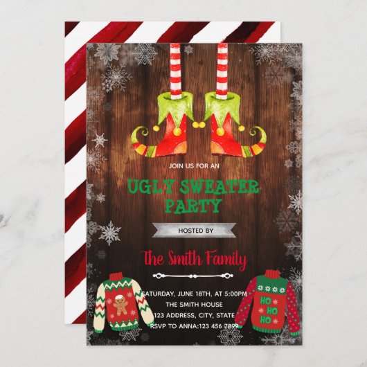 Weihnachtself hässliche Pullover Thema Einladung (Vorne/Hinten)