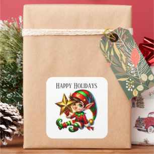 Weihnachtself hinzufügen Nachricht Happy Holidays Quadratischer Aufkleber