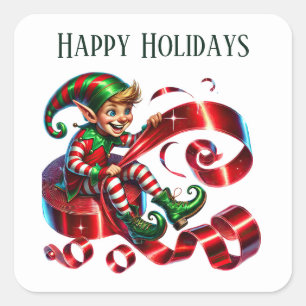 Weihnachtself hinzufügen Nachricht Happy Holidays Quadratischer Aufkleber