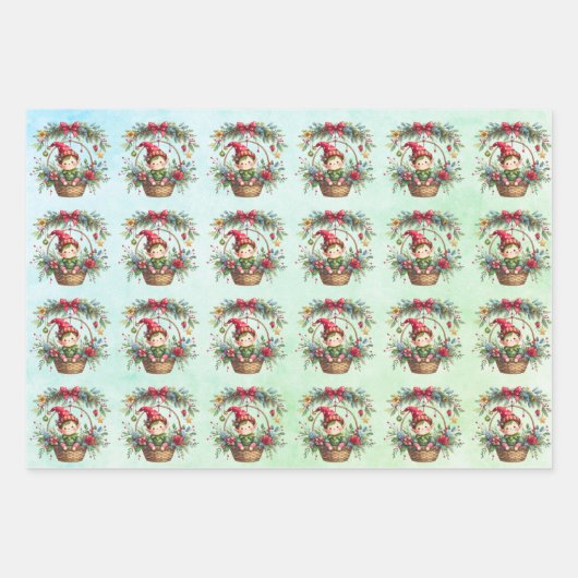 Weihnachtself in einem Blumenkorb Geschenkpapier Set (Vorderseite 2)