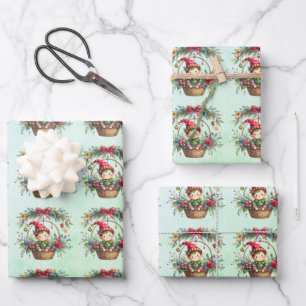 Weihnachtself in einem Blumenkorb Geschenkpapier Set