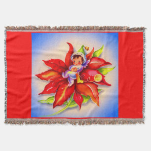 Weihnachtself in einer Poinsettie Decke