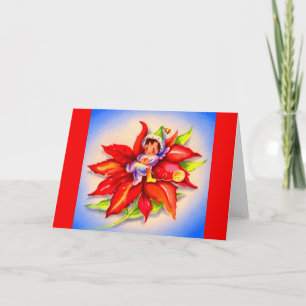 Weihnachtself in einer Poinsettie Feiertagskarte