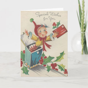 Weihnachtself in einer Schachtel im Vintage-Stil Feiertagskarte